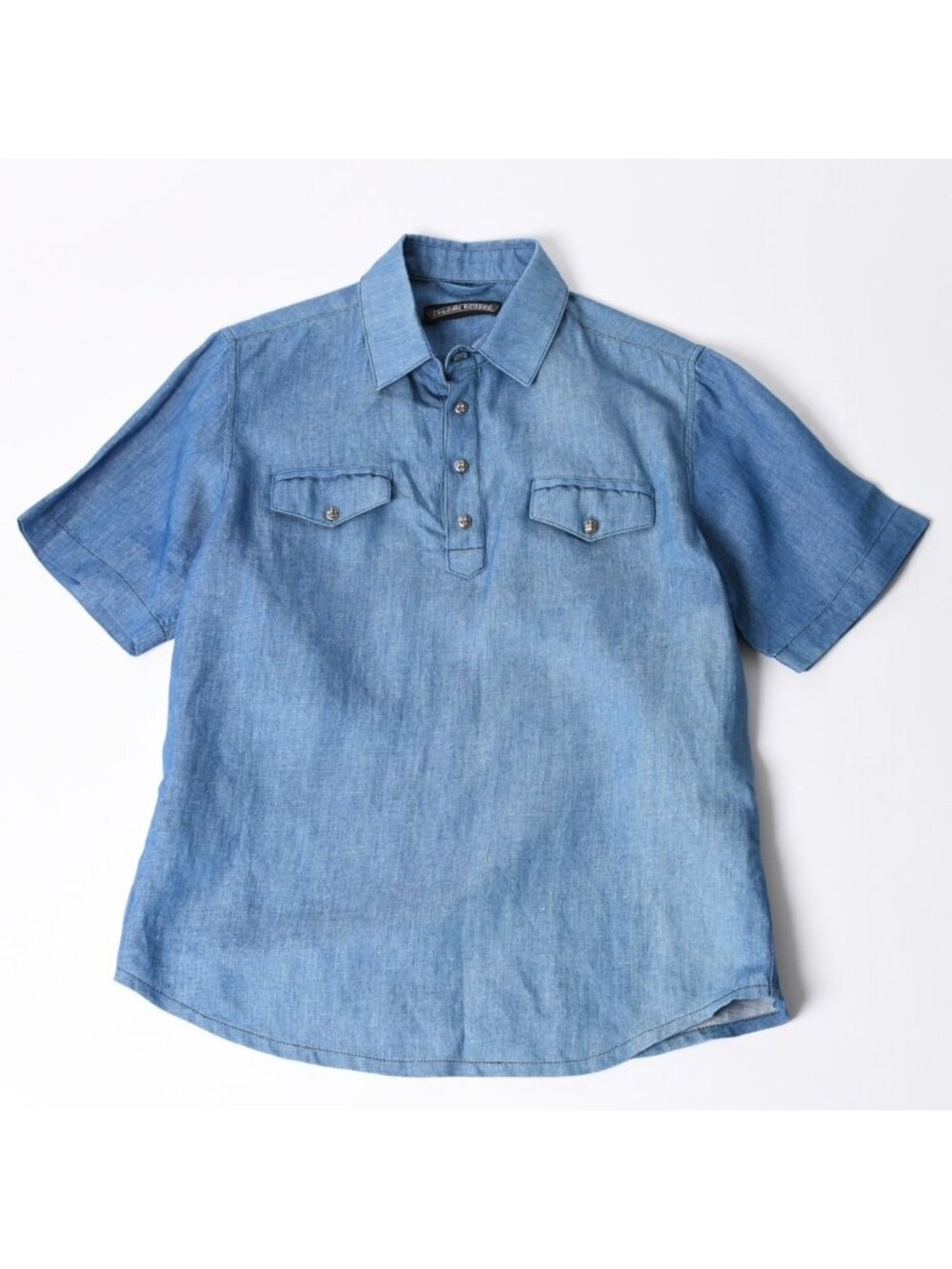 Chrome Hearts Denim Short Sleeve Polo Shirt M CH Cross Patch Ball Button Blue